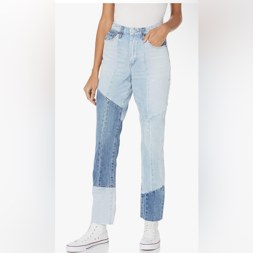 Blank NYC Blue Straight Leg Jeans with Modern Patchwork